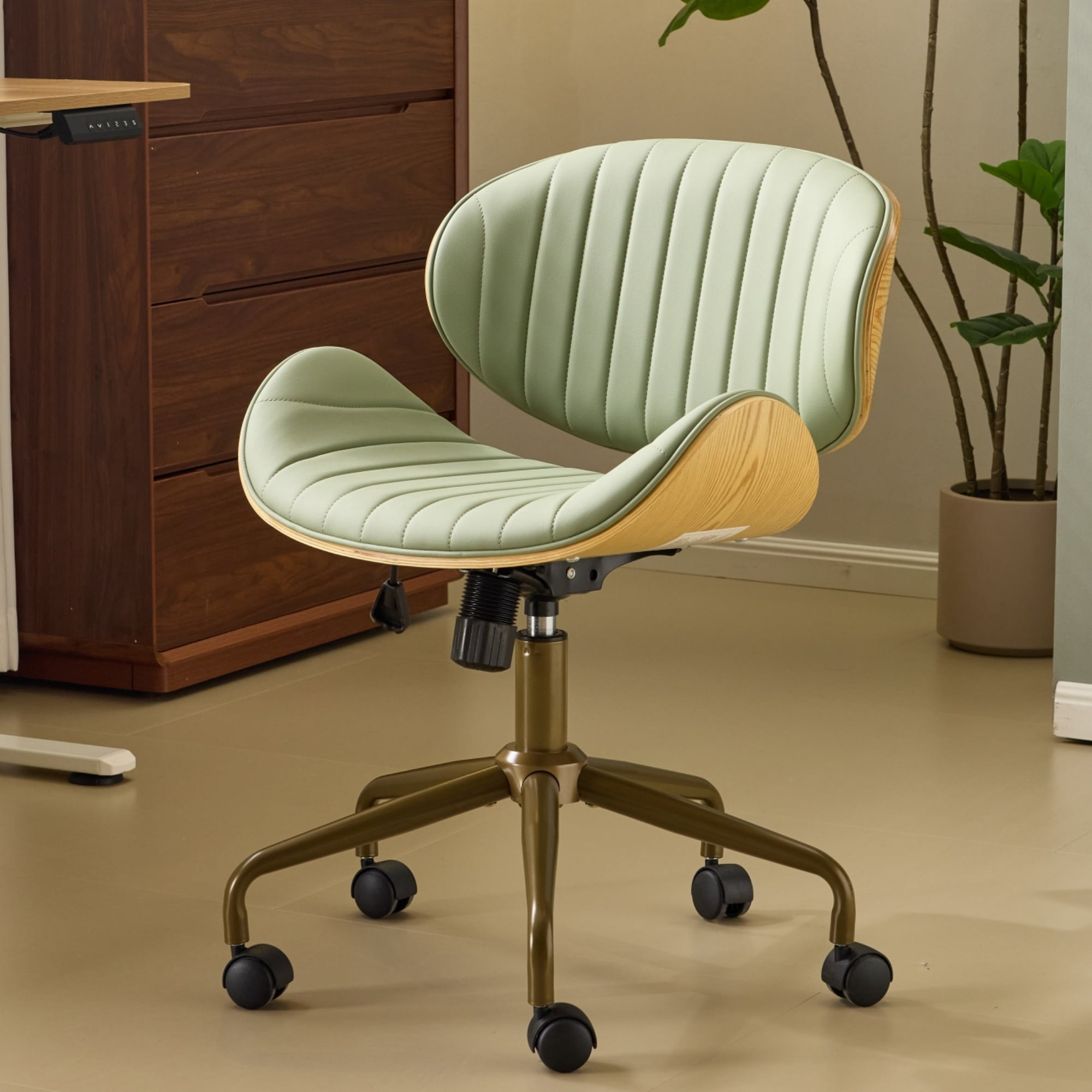Ktaxon Armless Office Chair, Curved Wood Accent Desk Chair with Swivel Seat, PU Task Chair for Study, Makeup Vanity Green