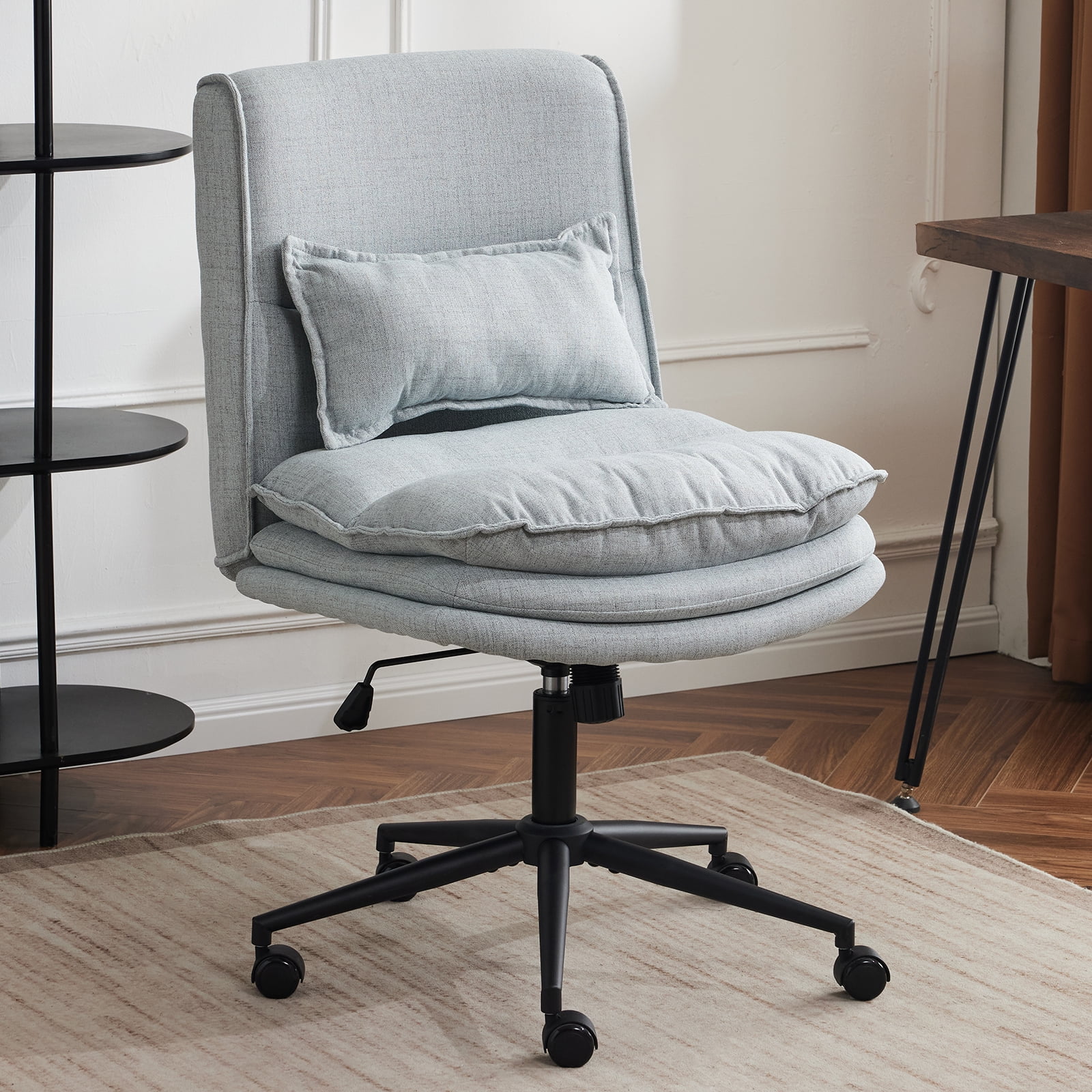 Ktaxon Armless Office Chair Linen Fabric Study Chair Adjustable Swivel Vanity Chair with Ergonomic Backrests and Wheels for Conference and Home Light Blue