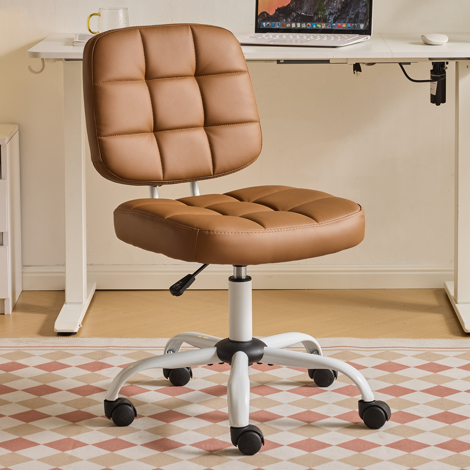 Ktaxon Armless Office Chair with Star Base PU Swivel Task Chair with 9-Grid Design for Study Room or Dressing Area Brown