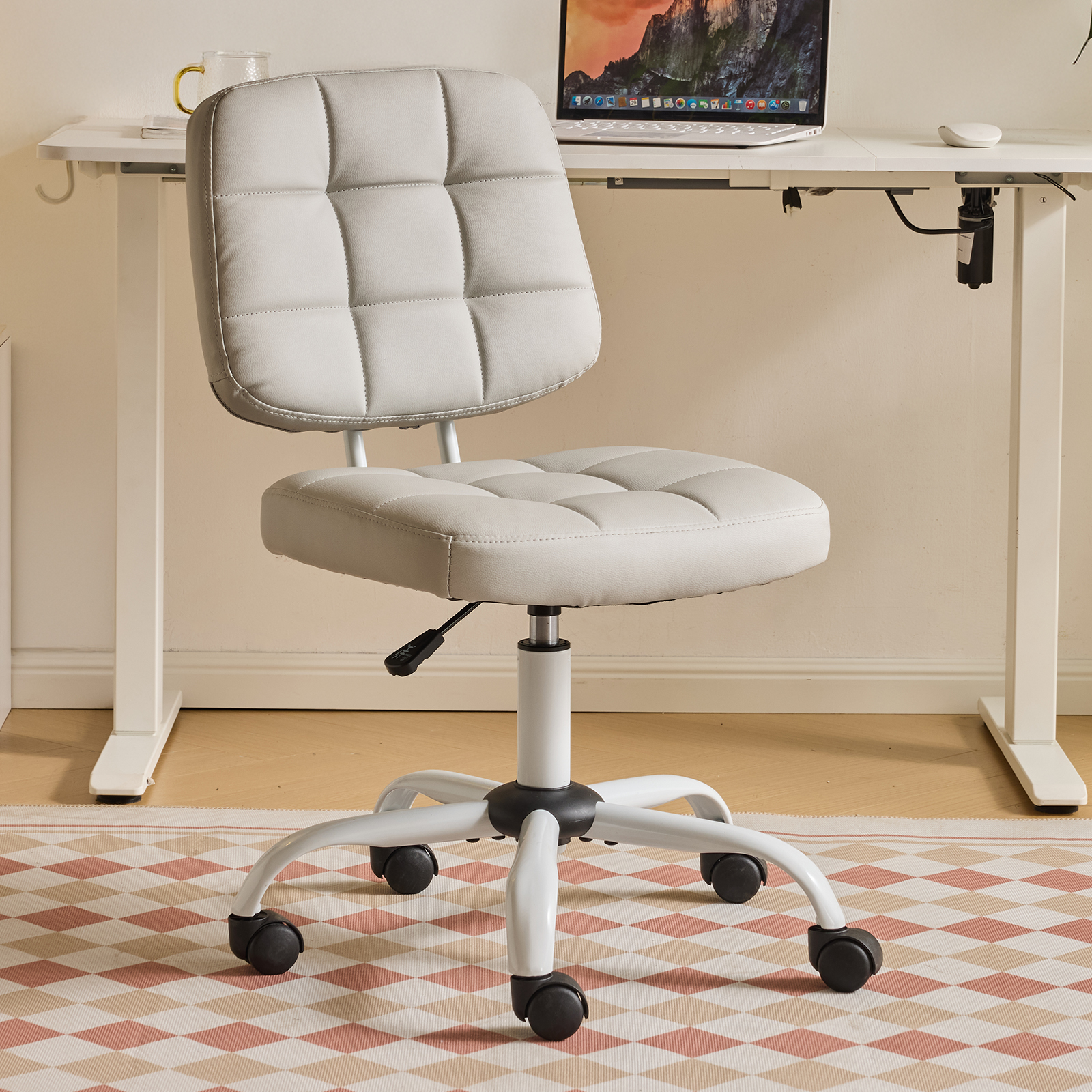 Ktaxon Armless Office Chair with Star Base PU Swivel Task Chair with 9-Grid Design for Study Room or Dressing Area Light Gray