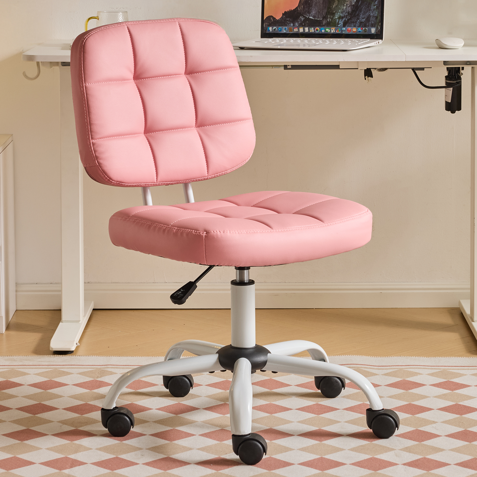 Ktaxon Armless Office Chair with Star Base PU Swivel Task Chair with 9-Grid Design for Study Room or Dressing Area Pink
