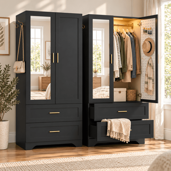 Ktaxon Armoire Wardrobe Closet with Mirror & Motion Sensor Light, 2-Drawer Armoire with Hanging Rod, Side Hooks and Door Storage, Freestanding Bedroom Clothing Cabinet
