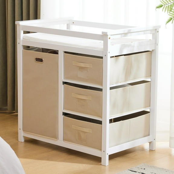 Zimtown Baby Changing Table,Dresser Baby Diaper Changing Station with Laundry Hamper,Infant Nursing Table with 3 Storage Drawers,Removable Safety Rail & Strap for Bedroom,White