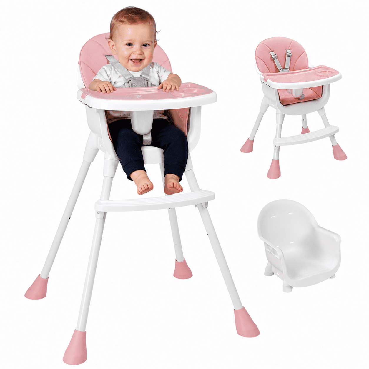 Ktaxon Baby High Chair, Convertible 3 in 1 High Chairs for Babies and Toddlers, Baby Highchair with 5-Point Safety Harness, Adjustable Height & Dining Tray, Pink