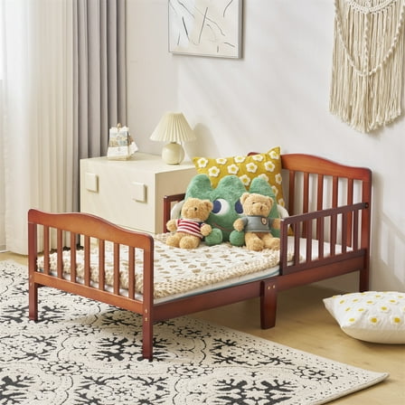 Ktaxon Baby Toddler Bed Solid Wood Bedroom Furniture with Safety Rails Espresso