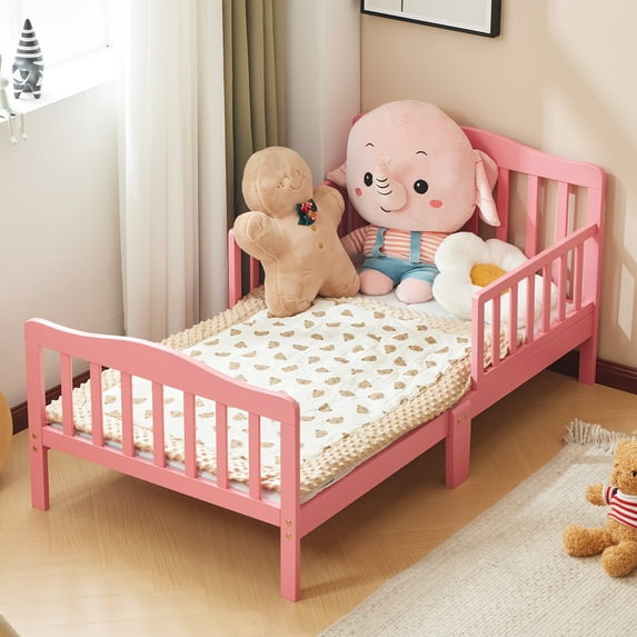 Ktaxon Wood Bed Solid, Platform Bedroom Furniture with Safety Rails Pink