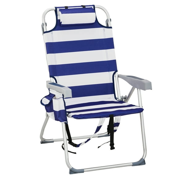 Ktaxon Backpack Beach Chair, 5-Position Protable  Beach Chair, Light-Weight Foldable Camping Chair with Back Storage Bag & Cooler Pouch and Side Bags for Beach Poolside (Tall, Blue Stripes)