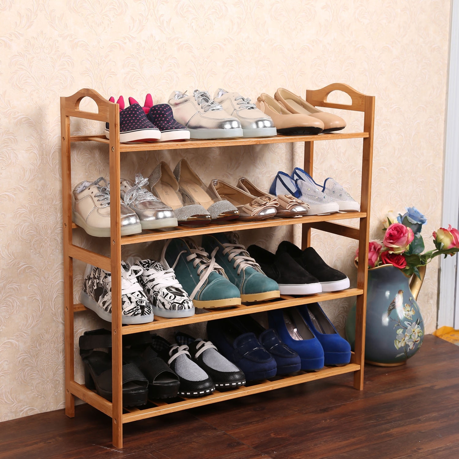 Zimtown Bamboo 4 Tier Shoe Rack, Space-Saving Organizer, Free