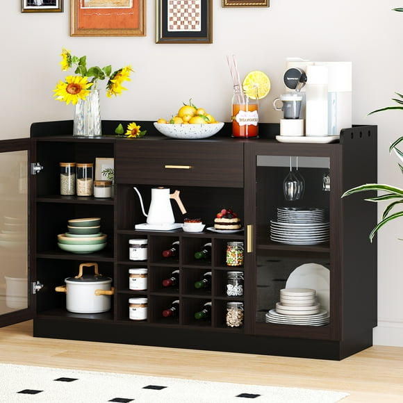 Modern Sideboard Buffet with Wine Racks & Storage, 55 " Extra Large Bar Cabinet Buffet with Glass Doors and Shelves for Dining Room, Black