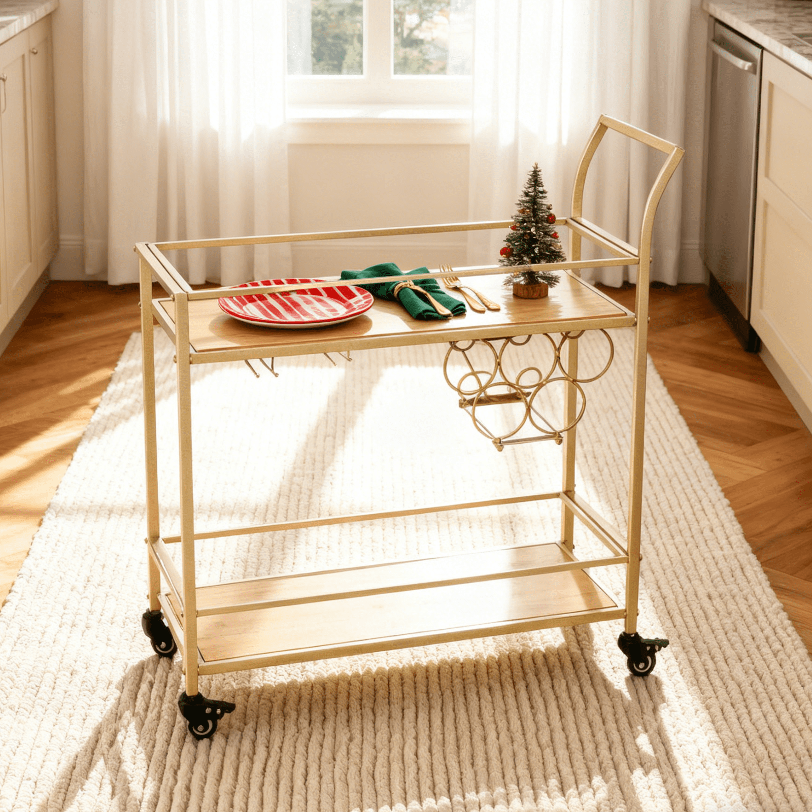 Ktaxon Home Apartment Bar Serving Cart, Sturdy Gold Wine Cart with