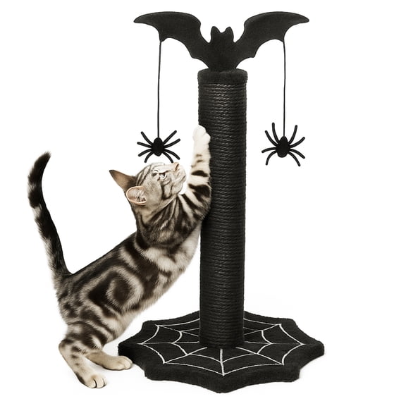 Ktaxon Bat Cat Scratching Post, 9.8"x9.8"x17.7" Black Halloween Cat Scratcher with Hanging Spiders, Pet Holiday Supplies