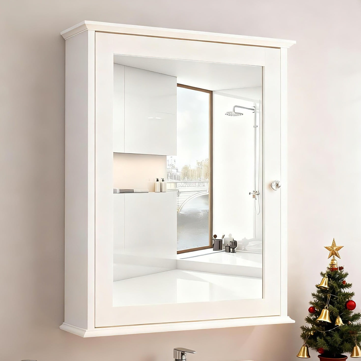 Ktaxon Bathroom Cabinet Wall Mount Mirrored Medicine Cabinet Storage Organizer with Single Door and Adjustable Shelves White