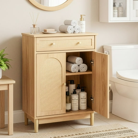 Ktaxon Bathroom Floor Cabinet, Freestanding Storage Cupboard w/ Drawer and 2 Doors, Rattan