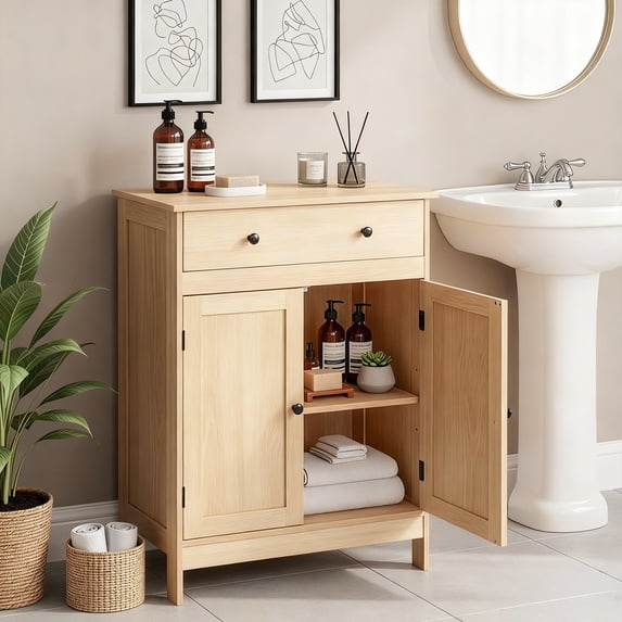 Ktaxon Bathroom Floor Cabinet, Freestanding Storage Cupboard w/ Drawer and 2 Doors, Wood