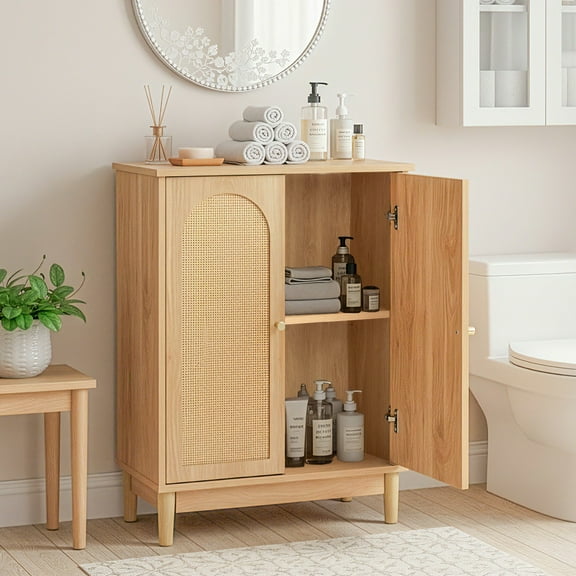 Ktaxon Bathroom Floor Cabinet Storage with 2 Doors and Adjustable Shelves, Rattan Finish