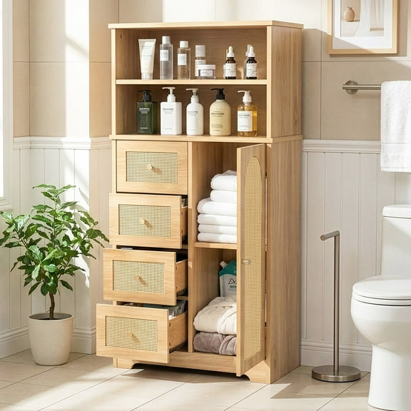 Ktaxon Bathroom Floor Cabinet with 4 Drawers 1 Cupboard & 2 Adjustable Shelves for Kitchen Living Room, Rattan