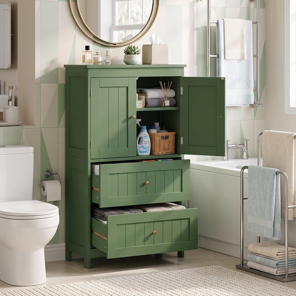 Ktaxon Bathroom Floor Storage Cabinet, Freestanding Cabinet with 2 Doors 2 Drawers, Adjustable Shelves, Forest Green