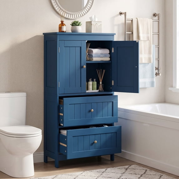 Ktaxon Bathroom Floor Storage Cabinet, Freestanding Cabinet with 2 Doors 2 Drawers, Adjustable Shelves, Navy Blue