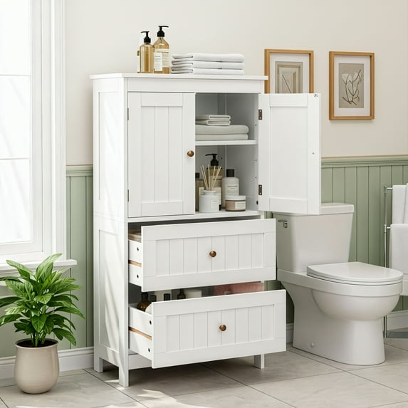 Ktaxon Bathroom Floor Storage Cabinet, Freestanding Cabinet with 2 Doors 2 Drawers, Adjustable Shelves, White