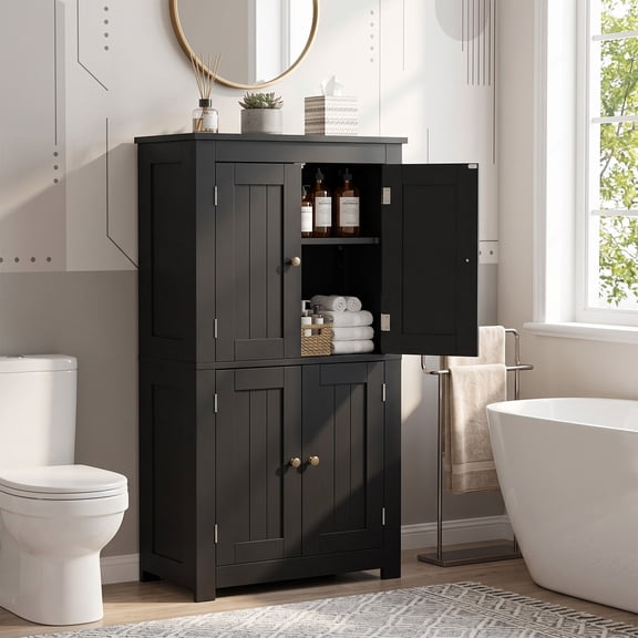 Ktaxon Bathroom Floor Storage Cabinet, Freestanding Cabinet with 4 Doors, Adjustable Shelves, Black