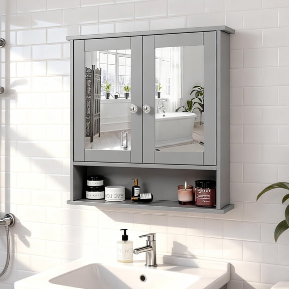 Ktaxon Bathroom Medicine Cabinet, Wall Storage Cabinet with 2 Mirror Doors and Shelves, Gray