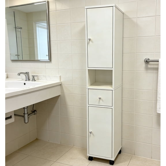 Ktaxon Bathroom Storage Cabinet Narrow Tall, Freestanding Cabinet Storage Tower with 2 Door 1 Drawer, White