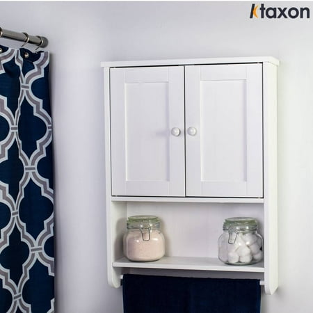 Ktaxon Bathroom Wall Cabinet, Wall Mounted Over the Toilet Storage Cabinet Organizer with Double Doors Cupboard, Adjustable Shelf and Towels Bar, White