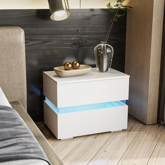 Ktaxon Bedroom Nightstand 2 Drawer Bedside Table with RGB LED Bedroom Furniture,White