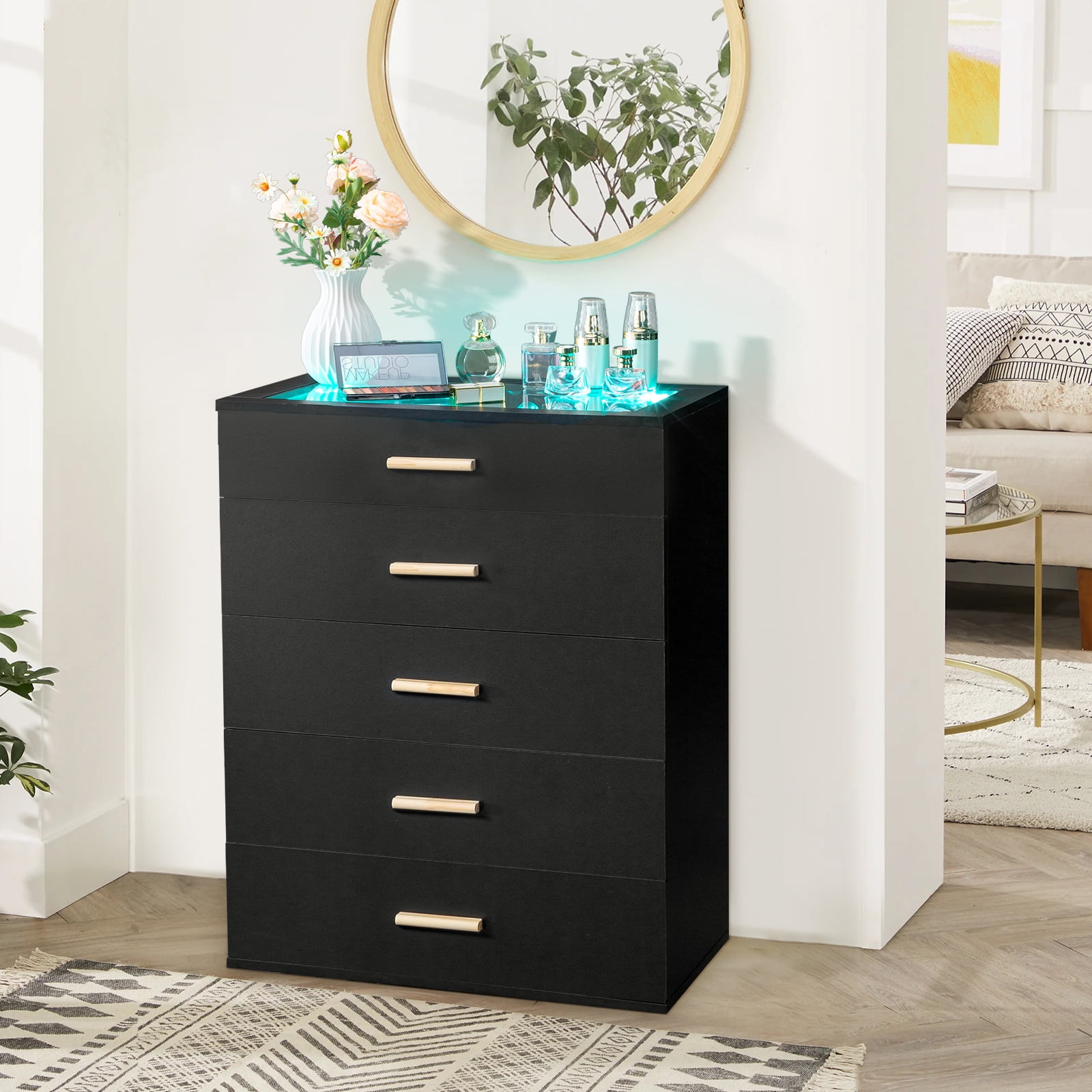Ktaxon Black Dresser with LED Lights for Bedroom, 5 Drawer Dressers