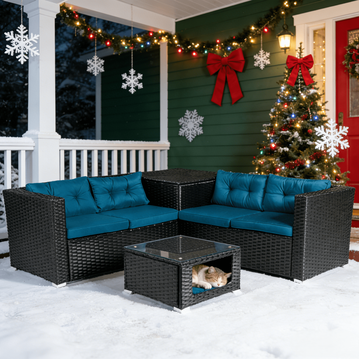 Ktaxon Black Rattan 4-Piece Sofa Set with Storage Bench & Pet-Friendly Coffee Table - 2 Loveseats, Peacock Green Cushions