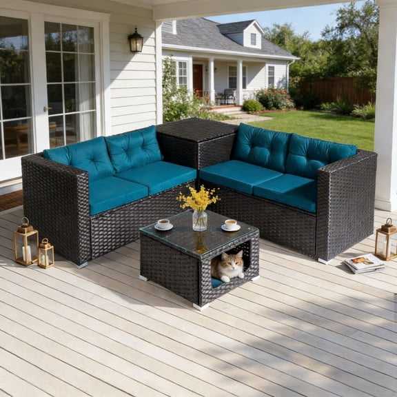 Ktaxon 4-Piece Patio Rattan Sofa Set, 2 Loveseats with Storage & Pet Coffee Table, Peacock Green Cushions, Black
