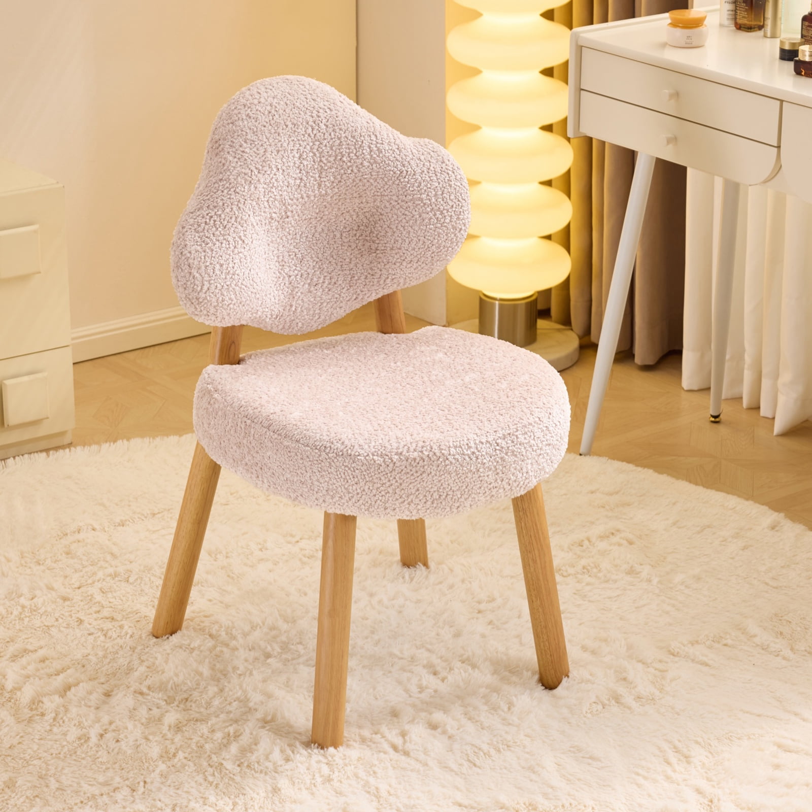 Ktaxon Blended Chenille Armless Vanity Chair Cloud Backrest Desk Chair, Rubber Wood Makeup Chair for Bedroom Living Room Office Reading Room Pink