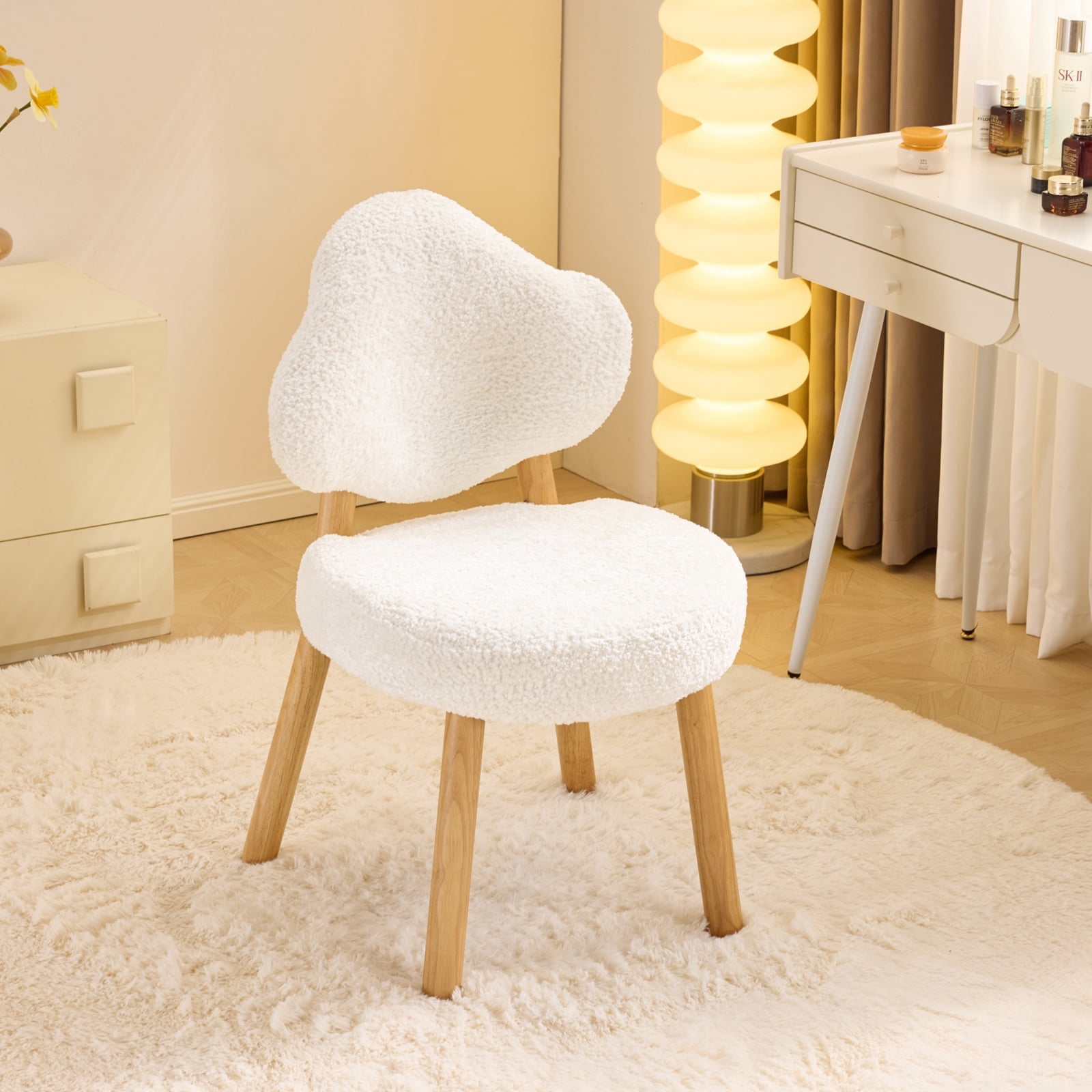 Ktaxon Blended Chenille Armless Vanity Chair Cloud Backrest Desk Chair, Rubber Wood Makeup Chair for Bedroom Living Room Office Reading Room White
