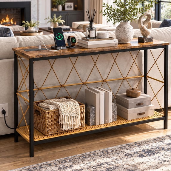 Ktaxon Boho Conosle Table with Charging Station, 41.7" Nareow Behind the Sofa Table with Handwoven Waterproof Rattan Shelf, Easy Assemble, Rustic Brown