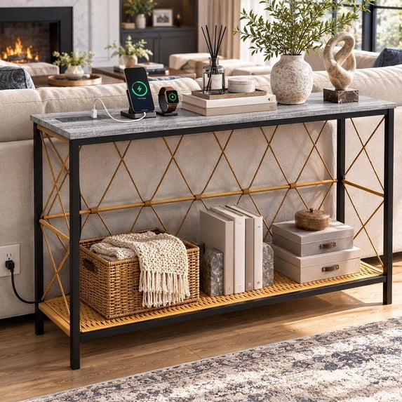 Ktaxon Boho Conosle Table with Charging Station, 41.7" Nareow Behind the Sofa Table with Handwoven Waterproof Rattan Shelf, Easy Assemble, Gray