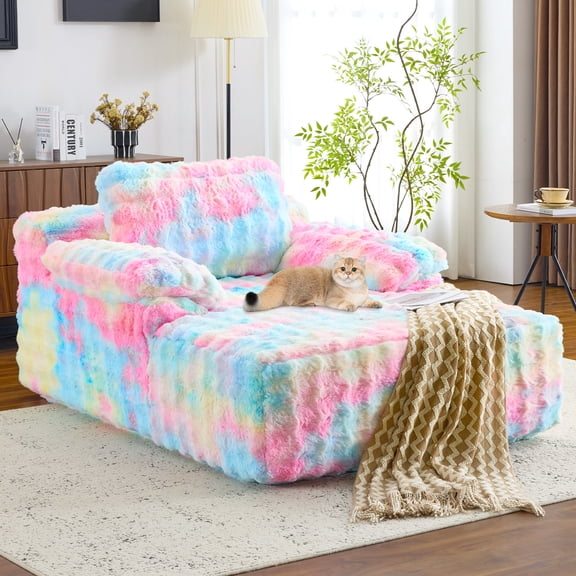 Ktaxon 68" Lounge Chair, Bubble Fleece Fabric Sofa Bed, Boneless Sleeper Chaise with Removable Backrest & Pillow-Top Armrests for Living Room Rainbow Color