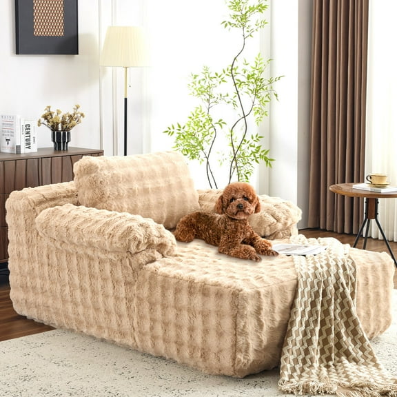 Ktaxon 68" Lounge Chair, Bubble Fleece Fabric Sofa Bed, Boneless Sleeper Chaise with Removable Backrest & Pillow-Top Armrests for Living Room Light Khaki