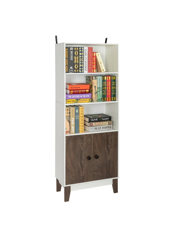 Ktaxon Bookcase, 64" H Wood Bookshelf Open Storage Shelf with 2 Doors, Modern Storage Cabinet for Bedroom, Office, Living Room, Study, White