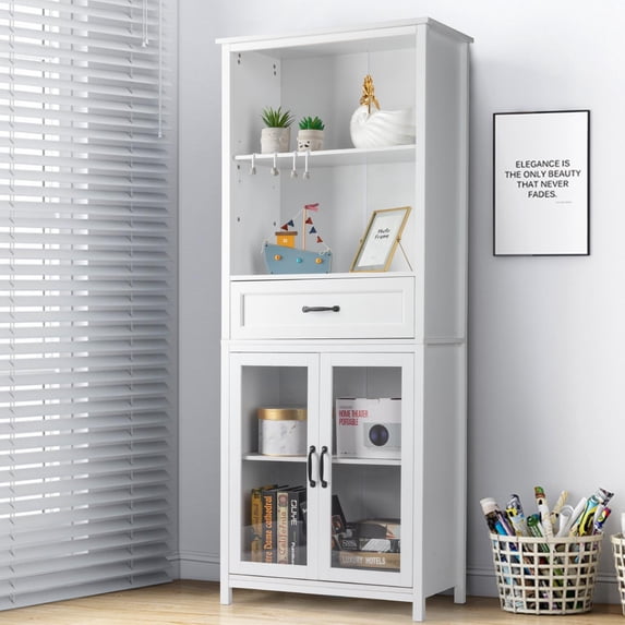 Ktaxon Bookcase with Doors, 2 Height Adjustable Book Shelving, Display Bookcase with Double Doors, Ideal for Home Bedroom, Living Room, Office, Library with Doors, White Finish (White)