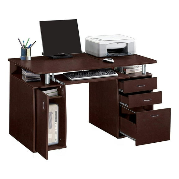 Ktaxon Brown Computer PC Desk Home Office Study Writing Table 3 Drawers Bookcase