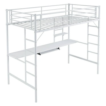 Ktaxon Twin Loft Bed with Desk, Metal Bunk Bed Frame with Shelf for Small Space, White