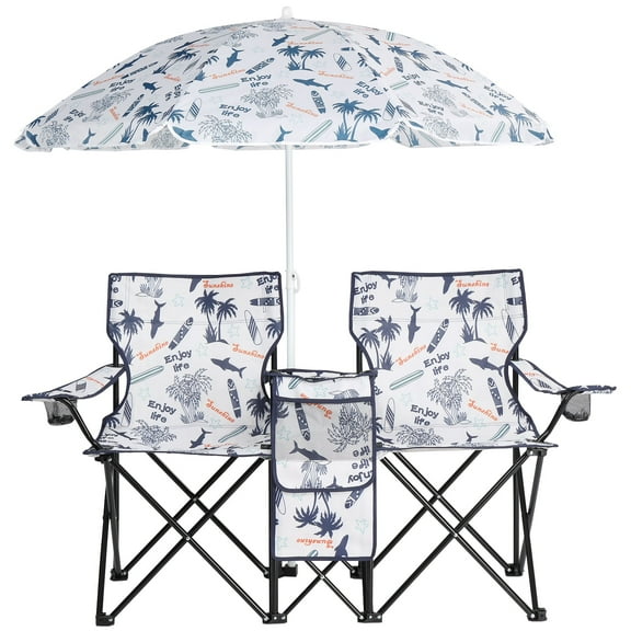 Ktaxon Camping Loveseat Chair, Folding Double Outdoor Chair with Removable Sun Umbrella & Carrying Bag, Double Chairs with Cooler Bag for Lawn Fishing Outdoor, Coconut Tree