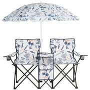 Ktaxon Camping Loveseat Chair, Folding Double Outdoor Chair with Removable Sun Umbrella & Carrying Bag, Double Chairs with Cooler Bag for Lawn Fishing Outdoor, Coconut Tree
