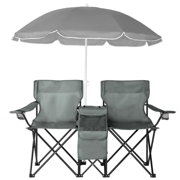 Ktaxon Camping Loveseat Chair, Folding Double Outdoor Chair with Removable Sun Umbrella & Carrying Bag, Double Chairs with Cooler Bag for Lawn Fishing Outdoor, Gray