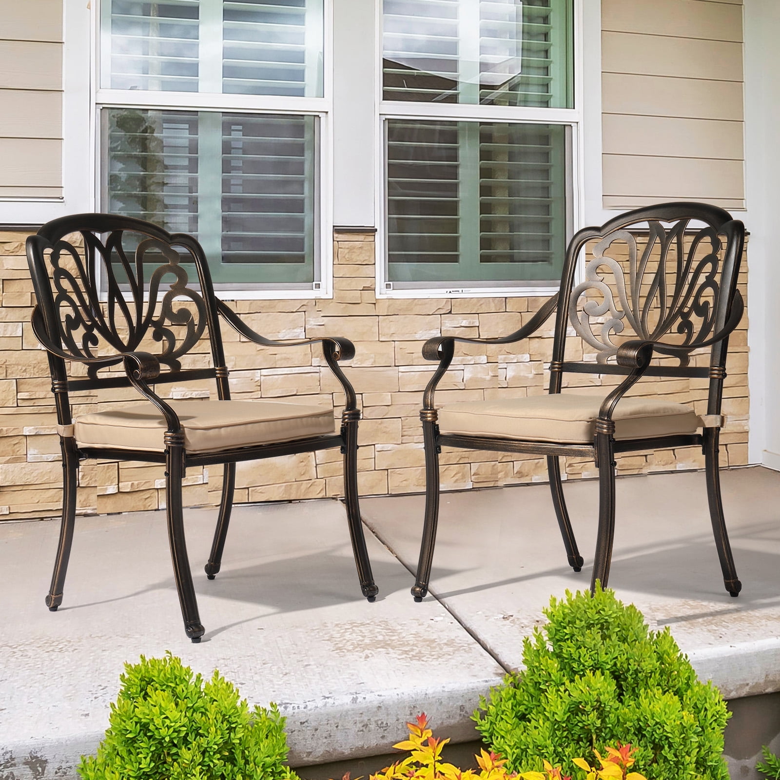 Antique Bronze Cast Aluminum Outdoor Dining Armchairs, Set of 2