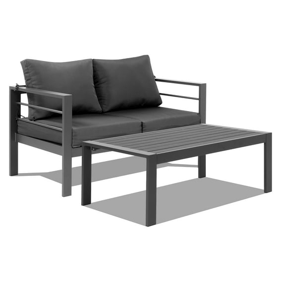 Ktaxon Cast Aluminum Loveseat Sofa and Coffee Table, Patio Sofa Set for Outdoors, Gray