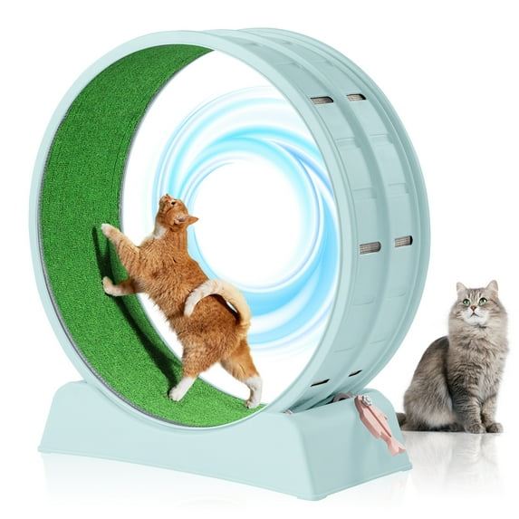 Ktaxon Cat Exercise Wheel 31in w/Green Mat & Free Teaser Wand, Safe PP Treadmill for Cats, Light Blue