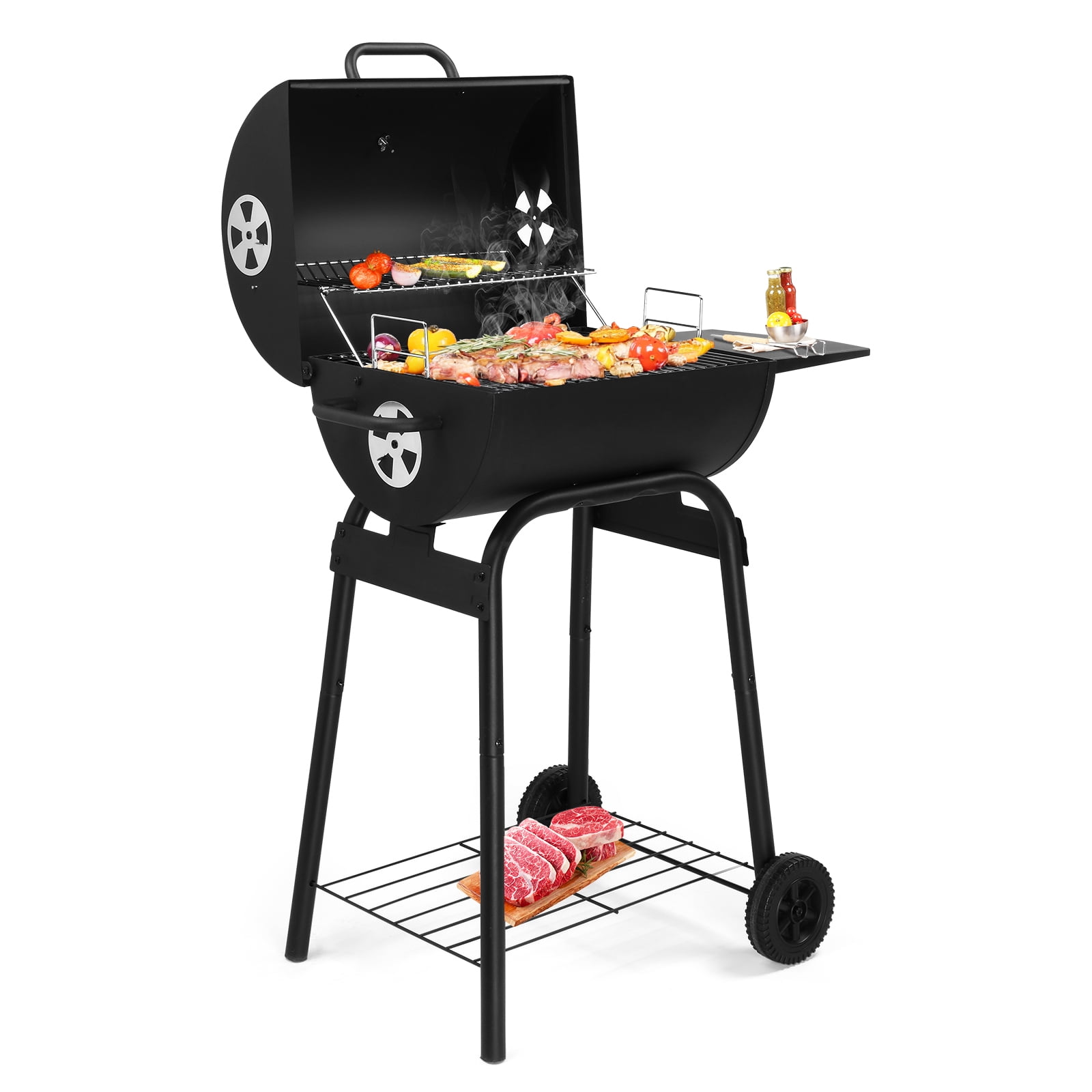 Ktaxon Charcoal Grills Outdoor BBQ Grill,Barrel Charcoal Grill with Side Table and Wheels, Black