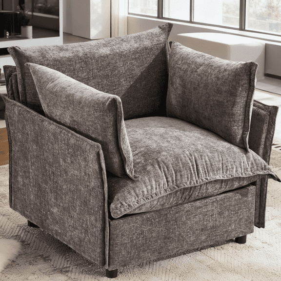 Ktaxon Chenille Accent Chair, Reading Chair with Thick Cushions, Oversized Club Sofa with Two Armrest Pillows for Home Office Brown