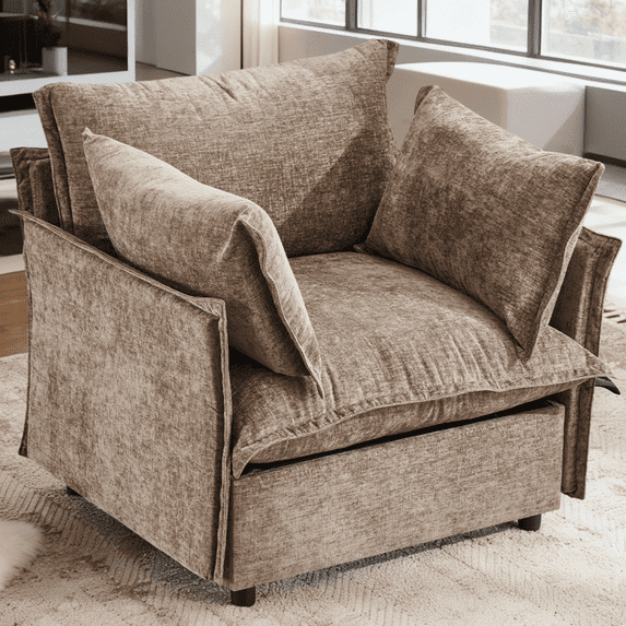 Ktaxon Chenille Accent Chair, Reading Chair with Thick Cushions, Oversized Club Sofa with Two Armrest Pillows for Home Office Khaki